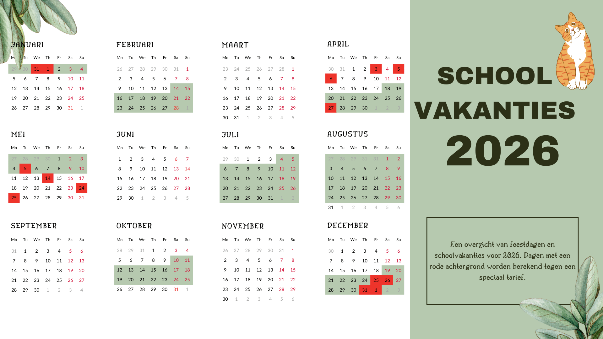 Een jaaroverzicht met vakanties en feestdagen voor 2025