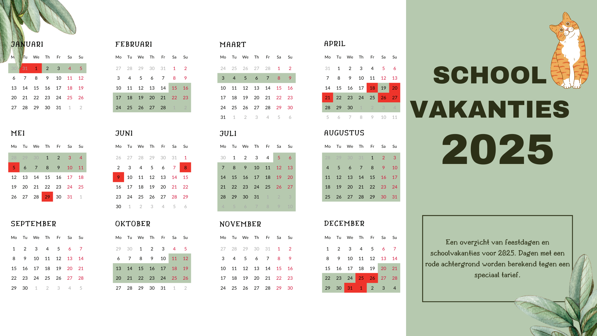 Een jaaroverzicht met vakanties en feestdagen voor 2025